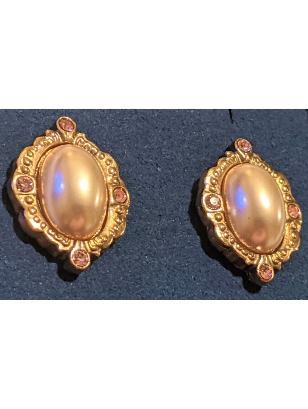 Vintage 1928 Blush Pink Faux Pearl And Pink Rhinestone Earrings Gold Tone